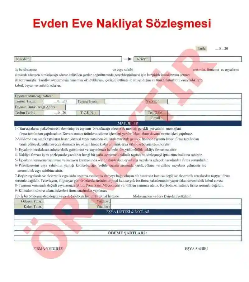 Evden eve nakliyat sözleşmesi maddeleri